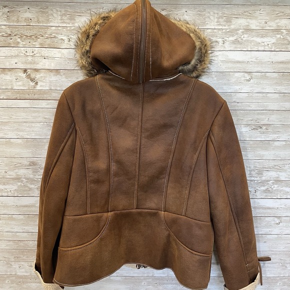Regent Park Womens L Jacket Faux Leather Sherpa Zip Split Hood Faux Fur Trim - Picture 6 of 15